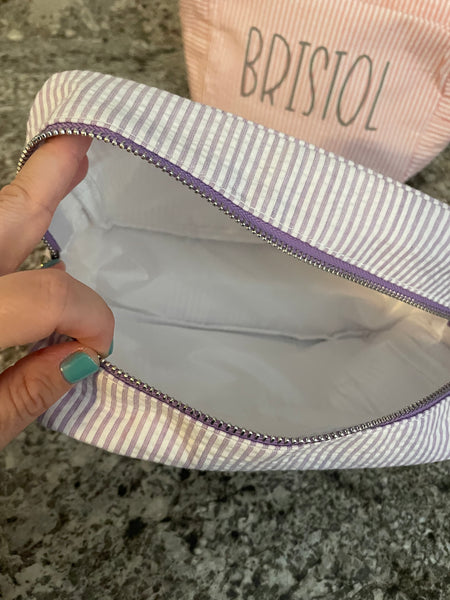 Personalized youth seersucker tote bag or cosmetic bag