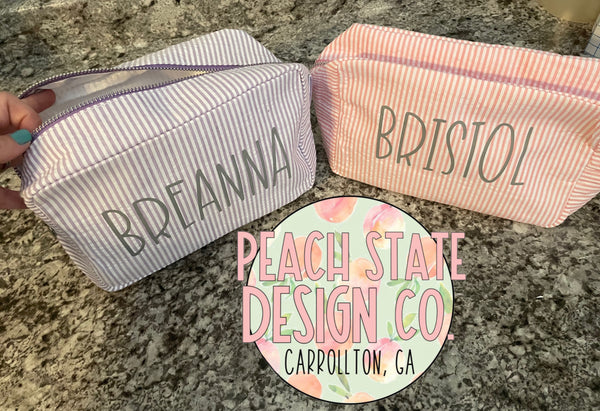 Personalized youth seersucker tote bag or cosmetic bag