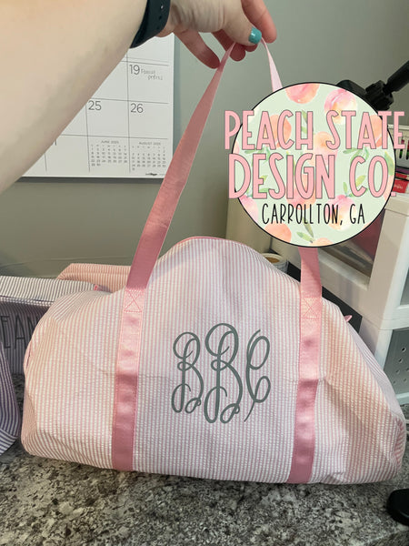 Personalized youth seersucker tote bag or cosmetic bag